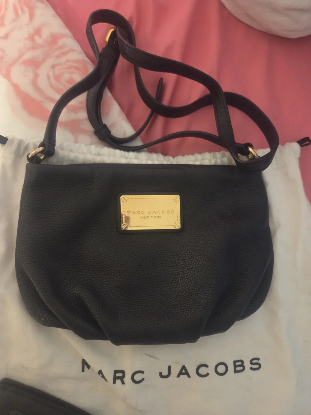 Marc Jacobs Black Pebbled Leather Crossbody with Gold Plaque